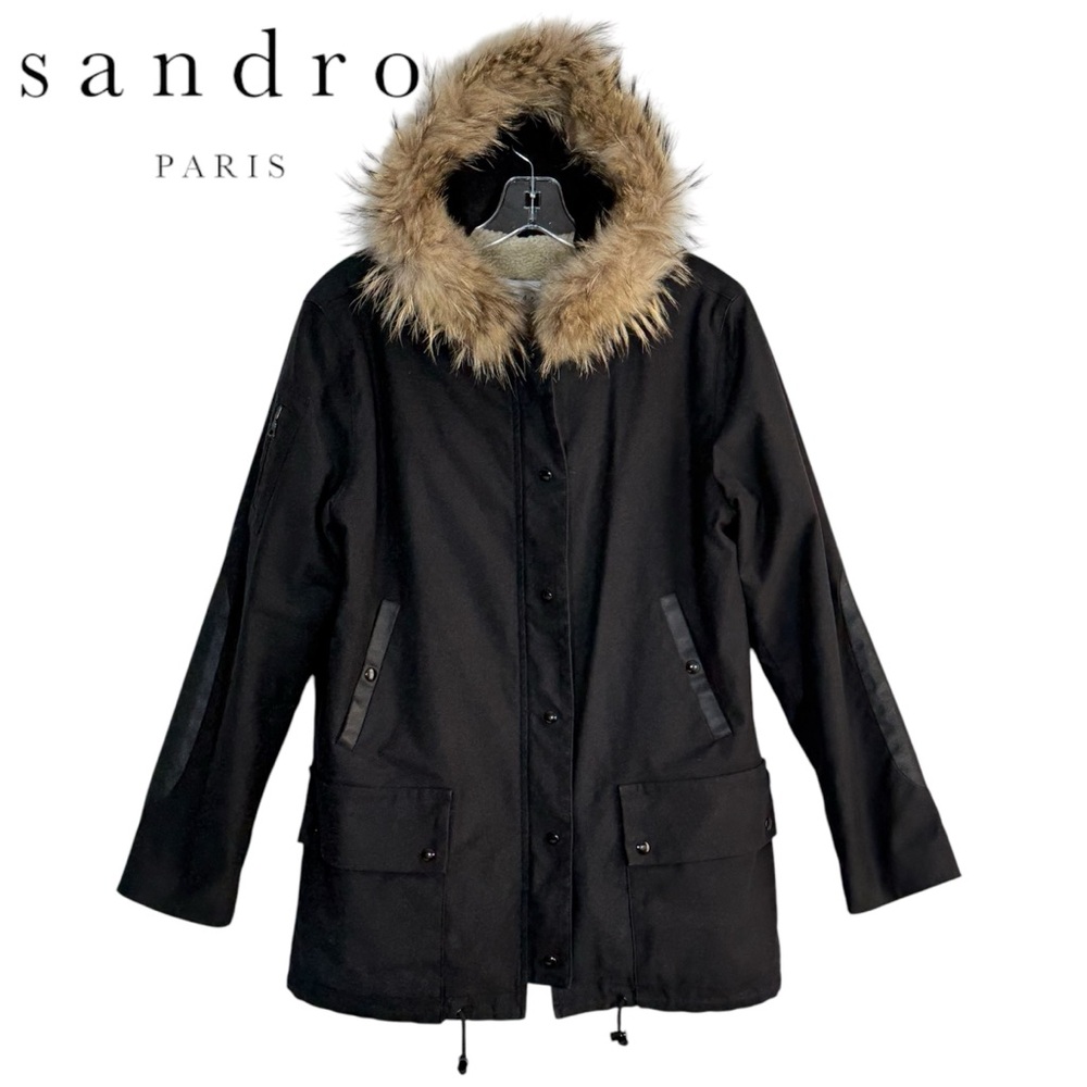 Sandro Fur Trimmed Parka Jacket Black Sherpa Lined Hooded Coat Women’s Size 2 M - Picture 4 of 16